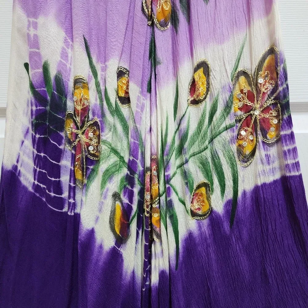 Sante Dress One Size Purple Floral Sequin Rhinestone Embroidered Hi Low Peasant